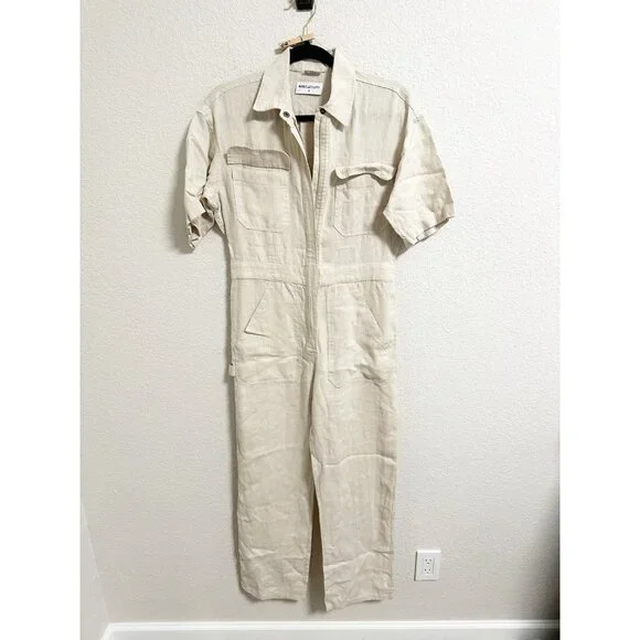 Rivet Utility Womens Dynamo Linen Jumpsuit Mid Weight Short Sleeve Ecru Small